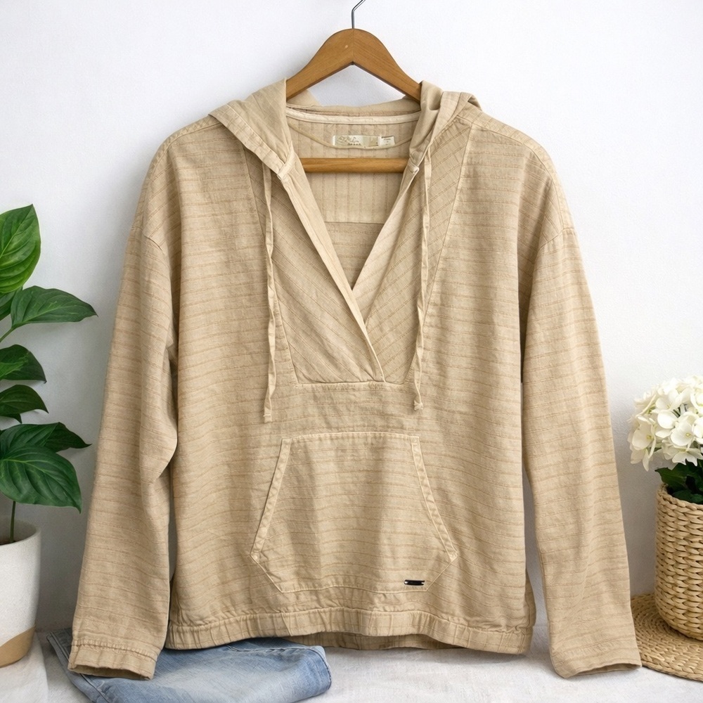 PRANA Farin Tan Pullover Hoodie Kangaroo Pocket Minimalist V-Neck Size S